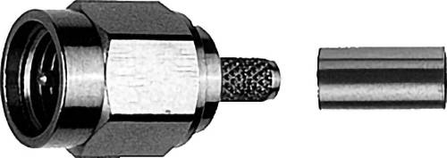 Connecteur de câble coaxial métallique avec une gaine cylindrique détachée montrée à côté de celui-ci sur un fond blanc.