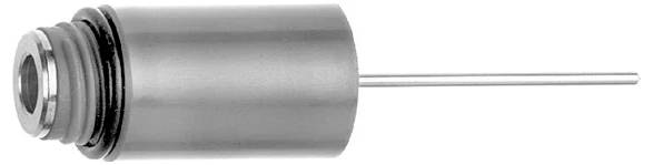 Close-up of a metal cylindrical cartridge or sensor with a long thin probe extending from one end on a white background.