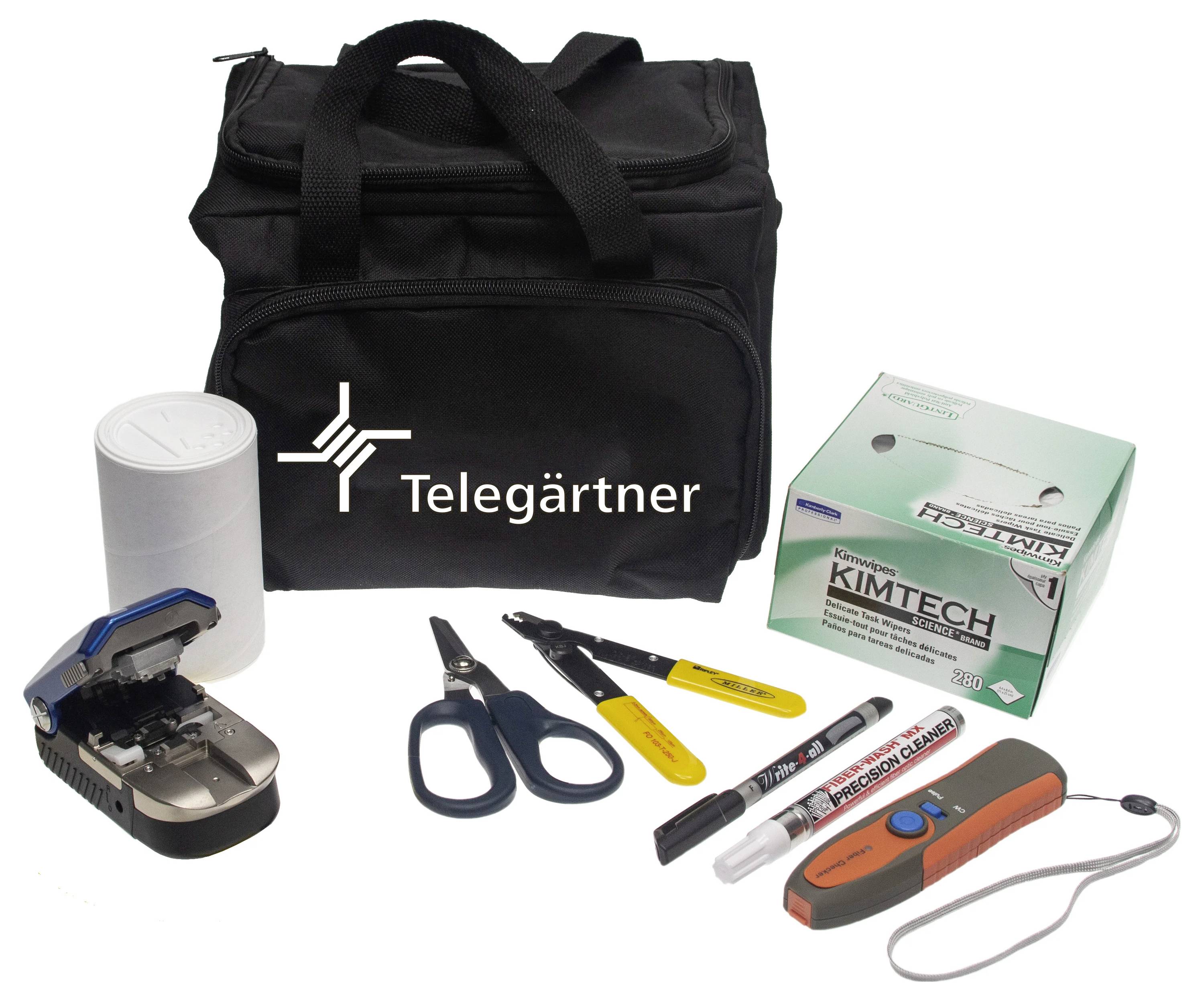 Sac d'outils de marque Telegärtner contenant des outils pour fibres optiques, notamment un cliveur, des ciseaux, des dénudeurs, des marqueurs et une boîte de lingettes Kimtech.