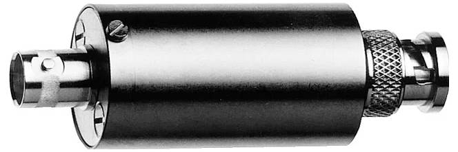Connecteur cylindrique en métal ou coupleur en ligne avec extrémités filetées, montré sur un fond blanc.