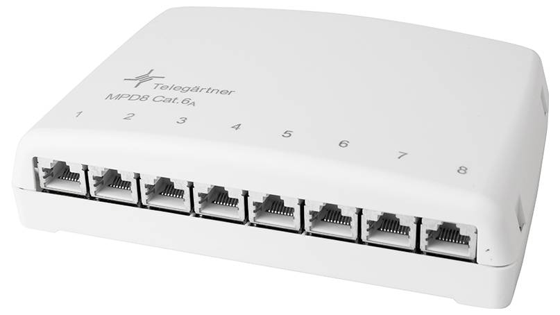 White TeleGardiner MPD6 Cat.6 8-port Ethernet network switch with numbered RJ45 ports on the front.