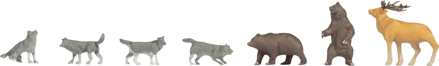 Des figurines d'animaux en plastique alignées : deux loups, deux ours et un élan, de gauche à droite, présentent des variations de taille et de couleur.