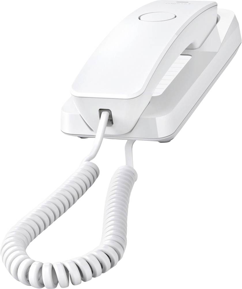 Un téléphone blanc filaire enroulé avec un combiné reposant sur la base, évoquant un design minimaliste et moderne.
