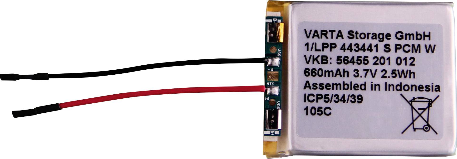 Une petite batterie portant l'étiquette 'VARTA Storage GmbH' avec les spécifications suivantes : 660mAh, 3.7V, 2.5Wh, assemblée en Indonésie, présentant des fils rouges et noirs.