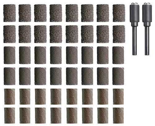 Une grille de 25 tambours de ponçage marrons disposés en cinq rangées et cinq colonnes, avec deux manchons de tambour cylindriques noirs sur le côté droit.