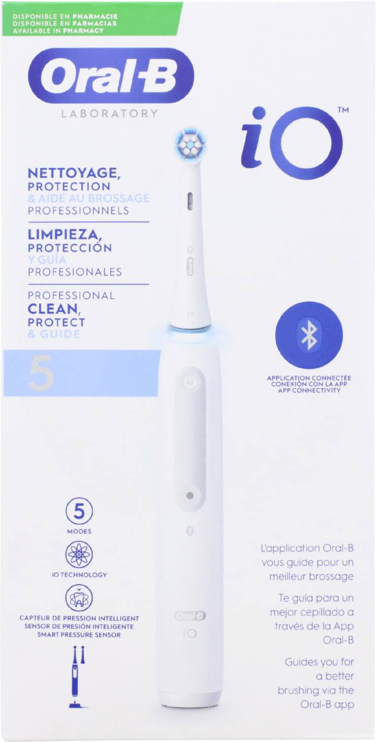 Image du paquet de brosse à dents électrique Oral-B iO. Les caractéristiques incluent un nettoyage professionnel, une connexion Bluetooth et un capteur de pression intelligent.