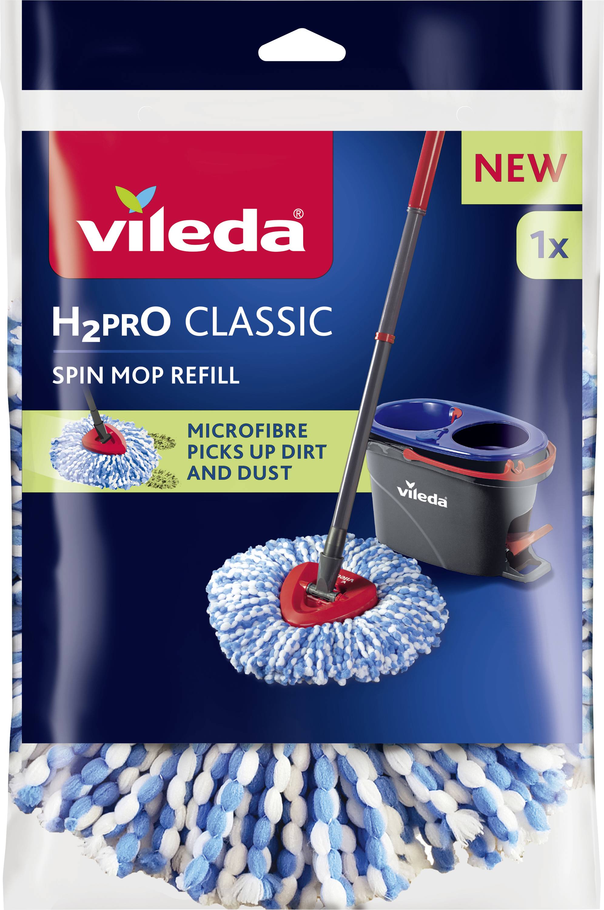 Emballage de 'Vileda H2Pro Classic Spin Mop Refill' présentant une image de la tête de balai et du seau. Le texte met en évidence le nettoyage en microfibres.