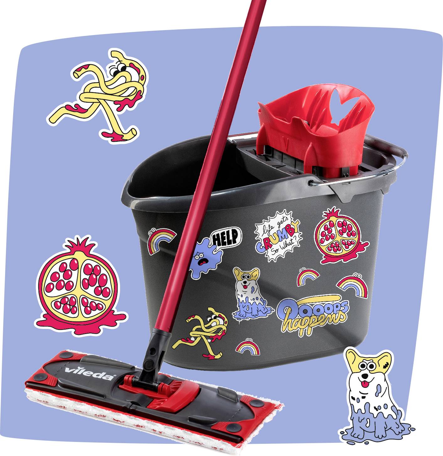 Seau de nettoyage avec essoreuse et tête de balai rouge, décorés d'autocollants de dessins animés colorés sur un fond bleu.