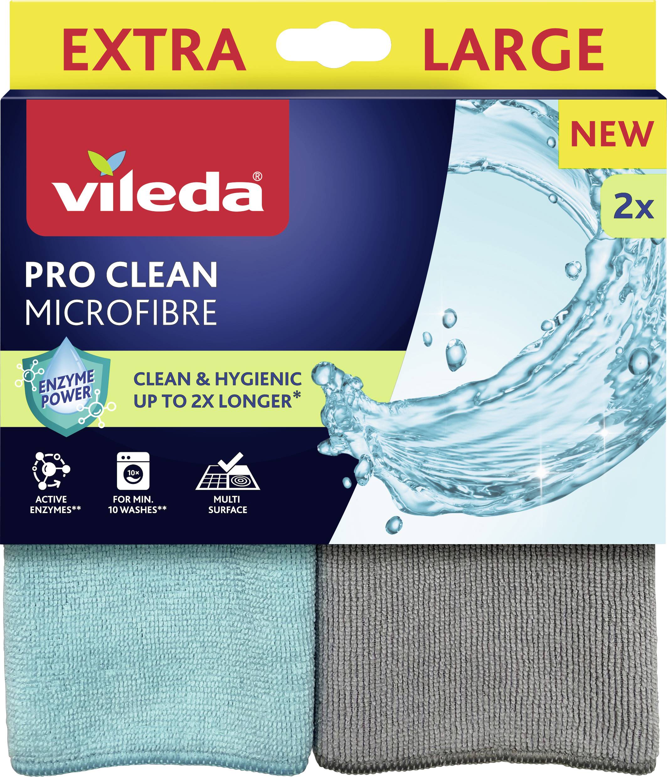 'Vileda Pro Clean Chiffons Microfibres' en bleu clair et gris. Points clés de l'emballage : 'Extra Large', 'Nouveau', '2x', 'Enzyme Power', 'Enzymes Actives', 'Pour Min. 10 Lavages', 'Multi Surface', 'Propre & Hygiénique Jusqu'à 2x Plus Longtemps'.