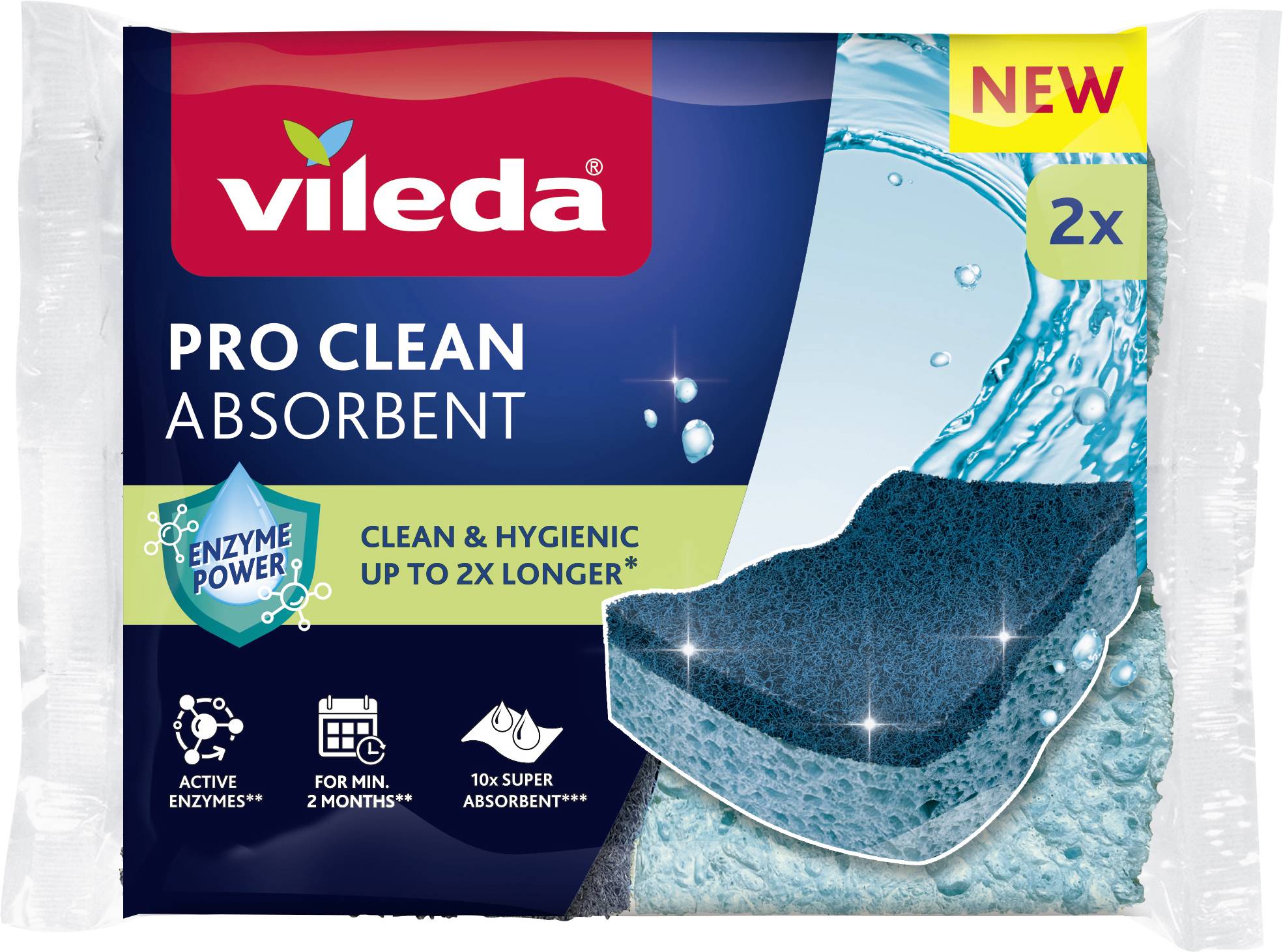 Pack 'Vileda Pro Clean Absorbent' contenant deux éponges avec 'Enzyme Power' pour une propreté prolongée. Promet une absorption plus longue.