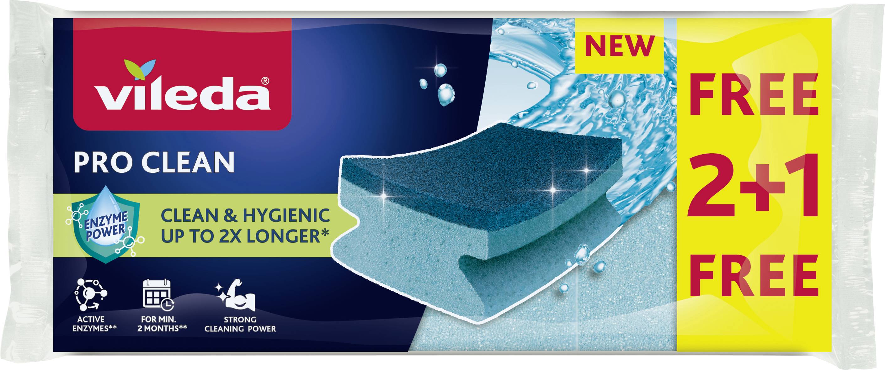 Paquet d'éponges « Vileda Pro Clean » avec offre « Gratuit 2+1 ». Les points forts incluent « Enzyme Power », « Enzymes Actives » et « Puissance de Nettoyage Intense ».