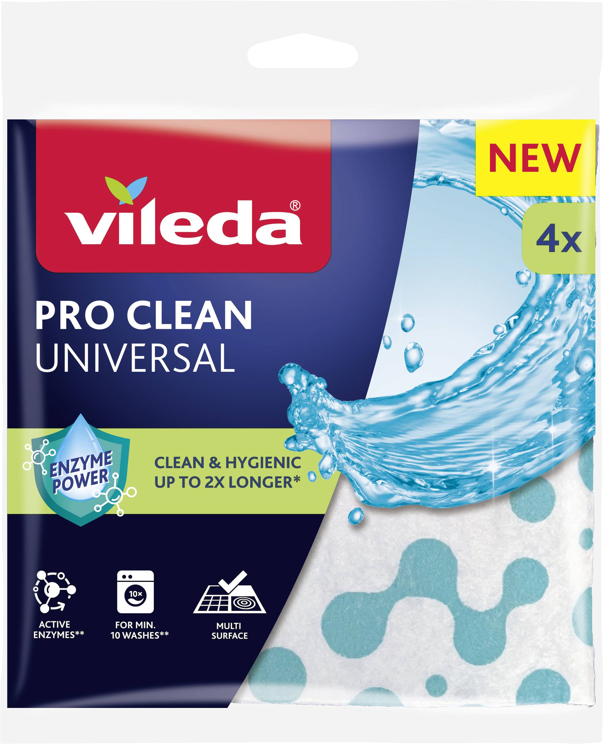 Paquet de lingettes universelles Vileda Pro Clean, mettant en avant la puissance enzymatique, avec des prétentions de durée jusqu'à 2 fois plus longue, et une aptitude pour plusieurs surfaces.