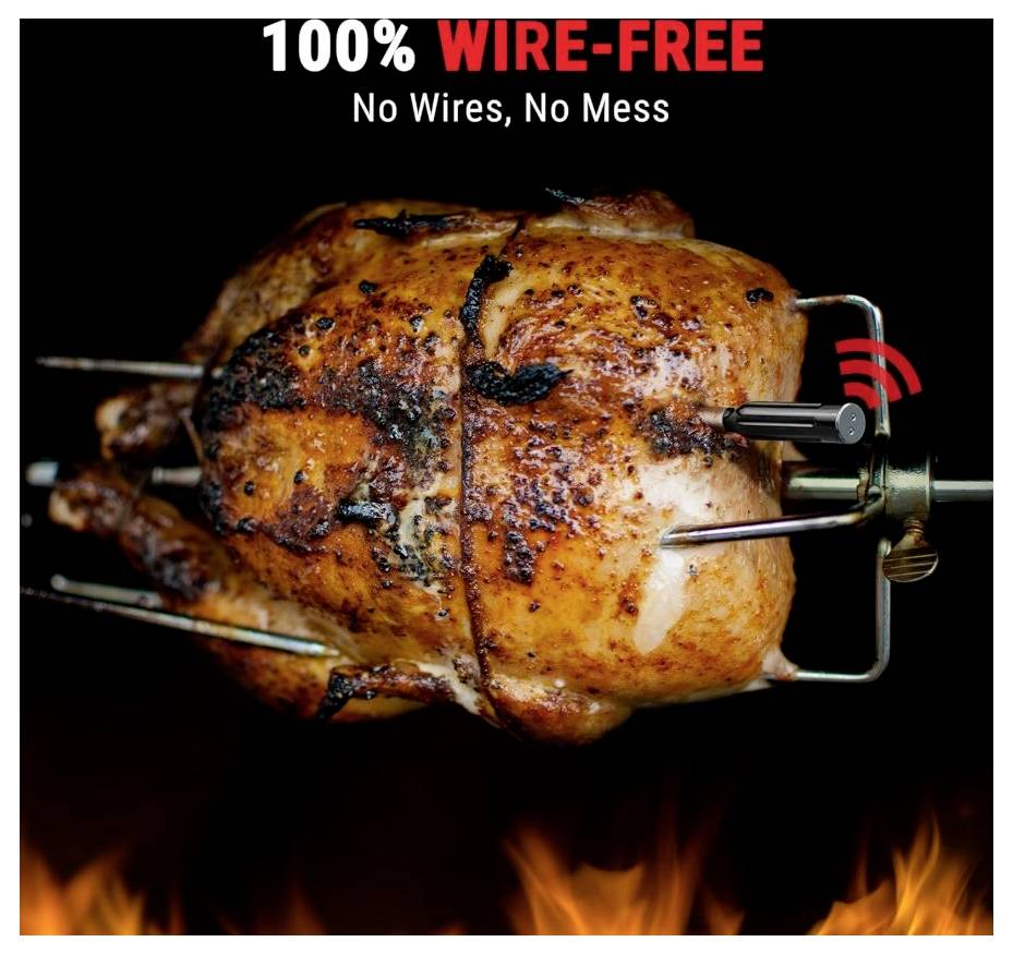 Un poulet rôti à la broche avec un capteur sans fil, au-dessus du feu, promouvant la cuisson '100% sans fil' avec le texte 'Sans fil, pas de désordre'.