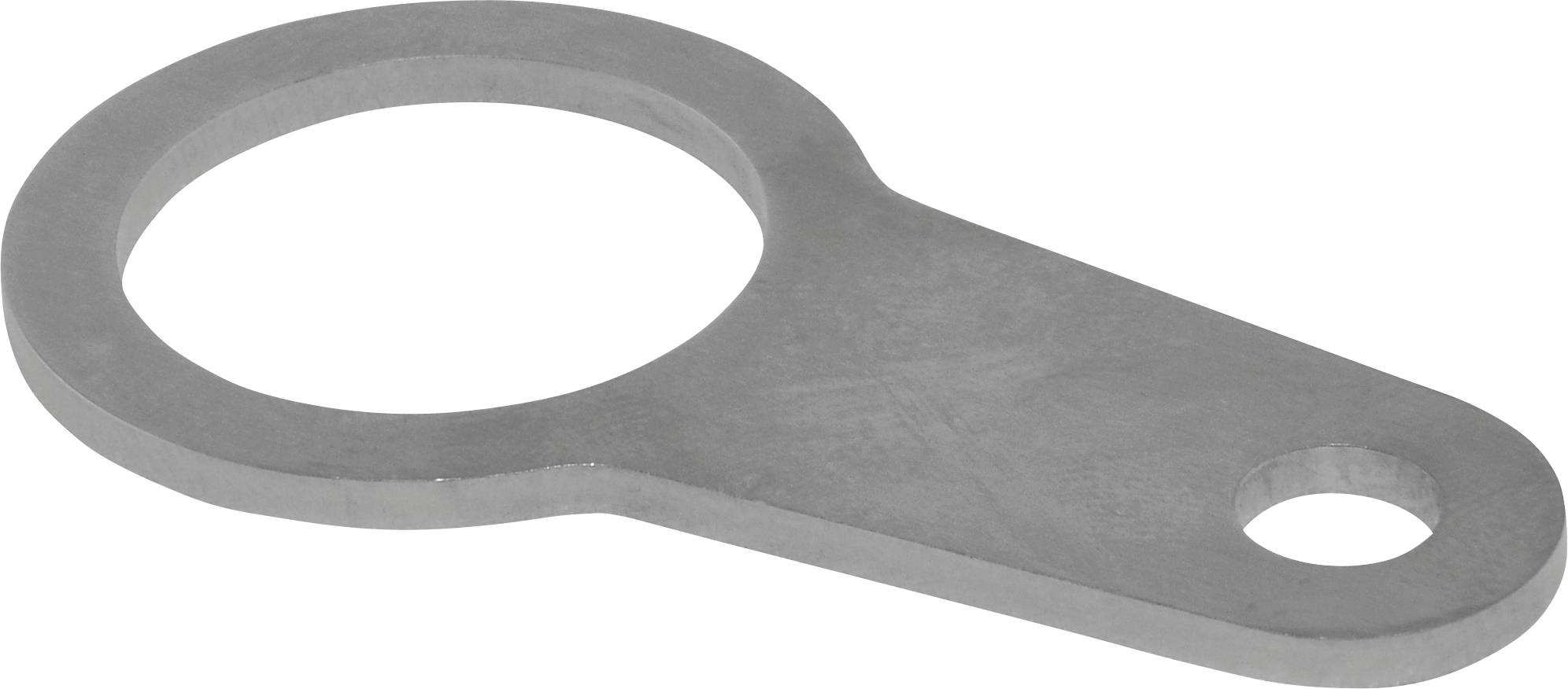 Un support métallique avec une ouverture circulaire et une languette allongée, comportant un trou plus petit à l'extrémité opposée, conçu pour le montage ou la fixation d'objets.
