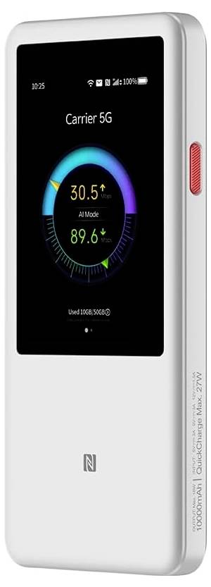 Appareil sans fil portable affichant « Carrier 5G », niveau de batterie à 89,6 %, et utilisation des données. Il dispose d'un écran numérique et d'un bouton rouge.