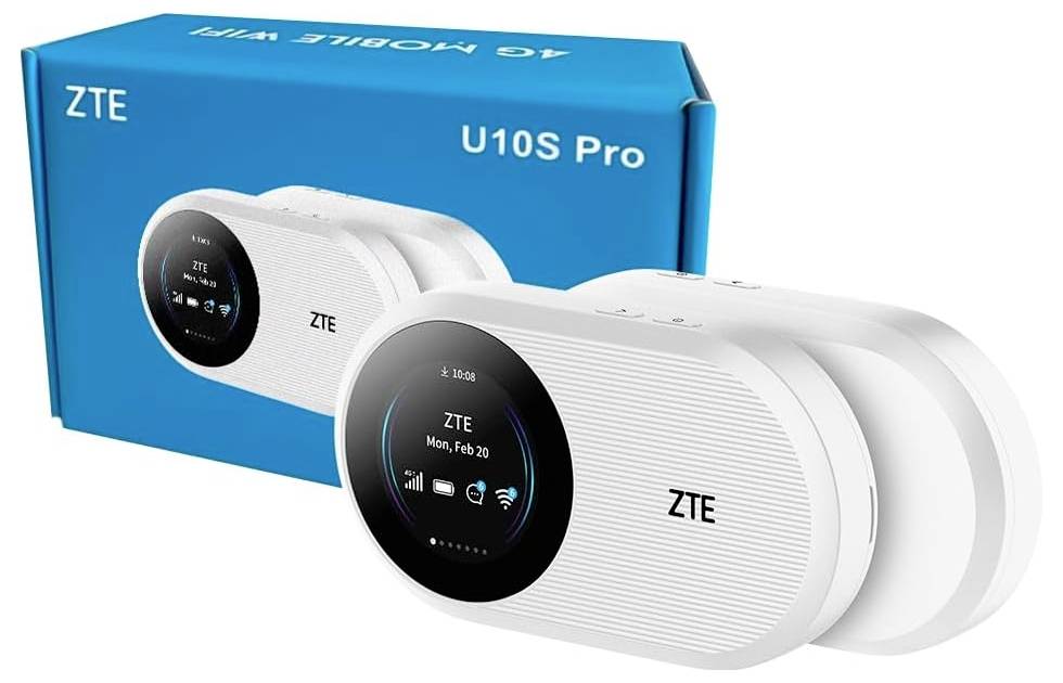 Modem mobile 4G ZTE U10S Pro ; appareil blanc avec écran numérique affichant la date et le signal Wi-Fi ; emballage en arrière-plan.