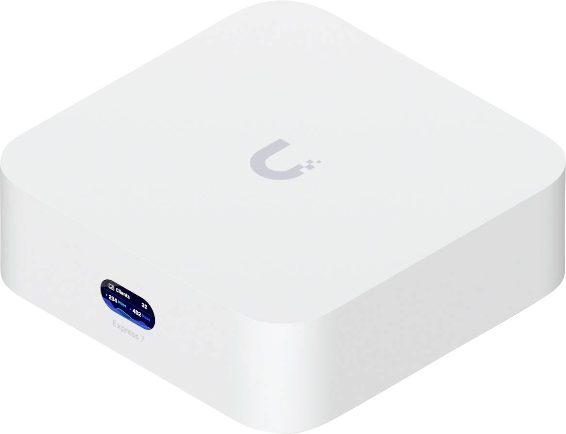 Appareil électronique blanc avec un symbole 'U' gris sur le dessus; étiqueté 'Expan 7' avec un voyant d'alimentation bleu sur le côté.