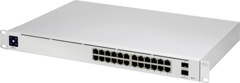 Un commutateur réseau avec 24 ports Ethernet et deux ports de fibre optique, logé dans un boîtier élégant en argent adaptable en rack.