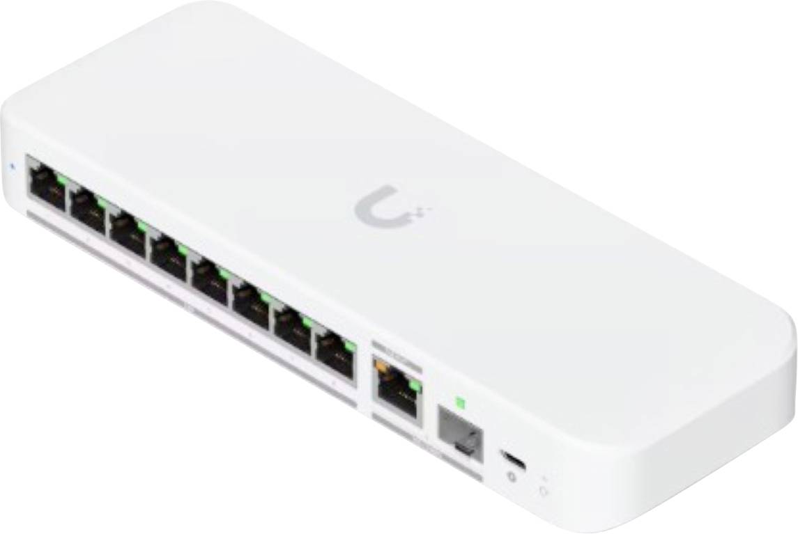 Un commutateur réseau blanc avec huit ports Ethernet et des voyants indicateurs, utilisé pour connecter plusieurs appareils à un réseau.