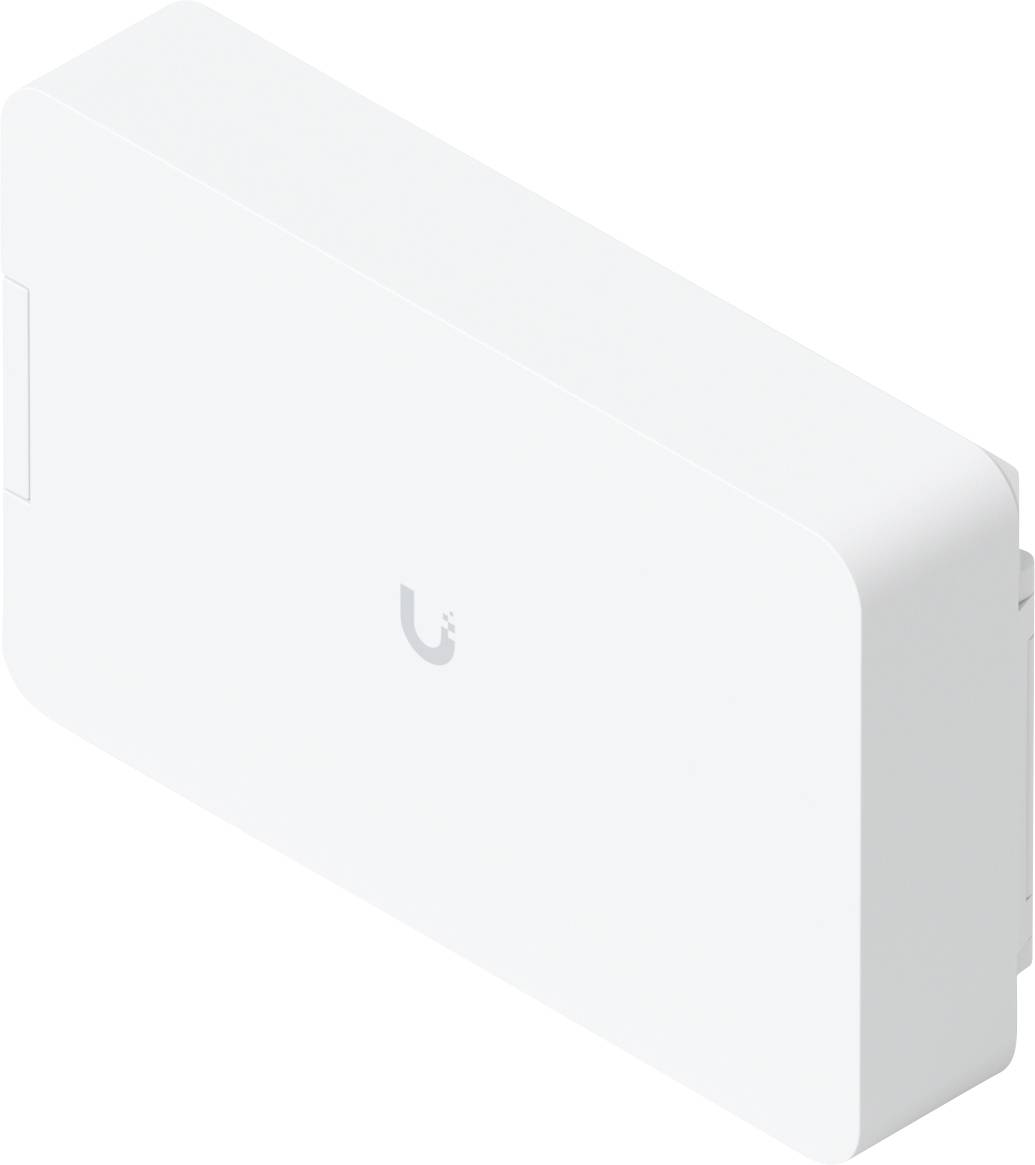 Un appareil réseau Ubiquiti rectangulaire blanc avec le logo sur le dessus.