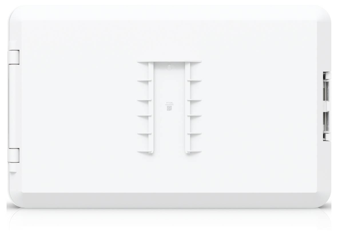 Appareil rectangulaire blanc sans fil avec un support de montage central et des ports USB latéraux, utilisé à des fins de mise en réseau.