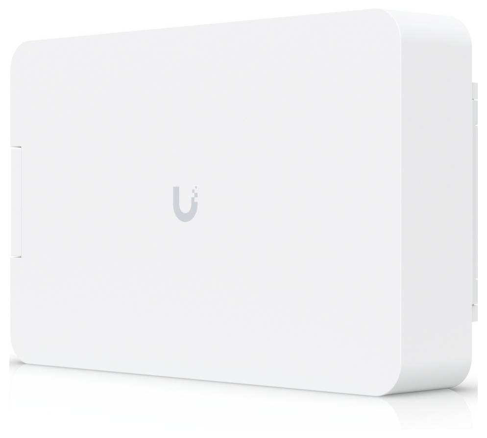 Appareil électronique blanc fixé au mur, rectangulaire, avec un logo au centre.
