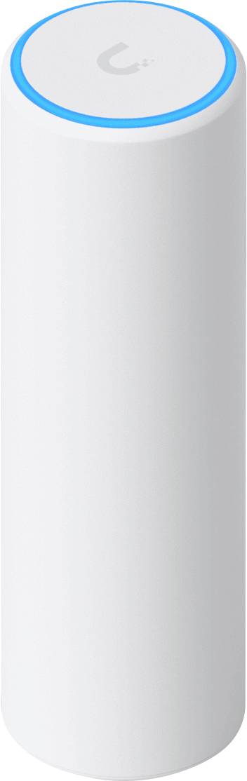 Un appareil domotique cylindrique blanc avec un anneau bleu luminescent au sommet, indiquant qu'il est allumé ou en mode actif.
