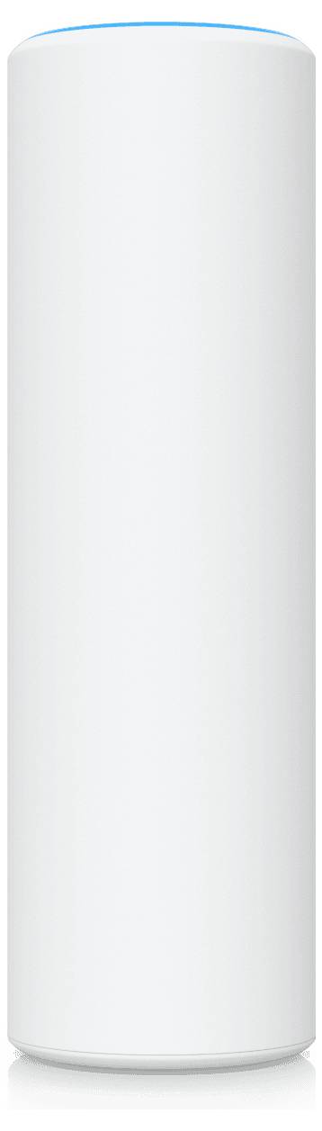 Un haut-parleur intelligent blanc et élancé avec un anneau LED bleu en haut, conçu pour les tâches activées par la voix et l'assistance domestique.