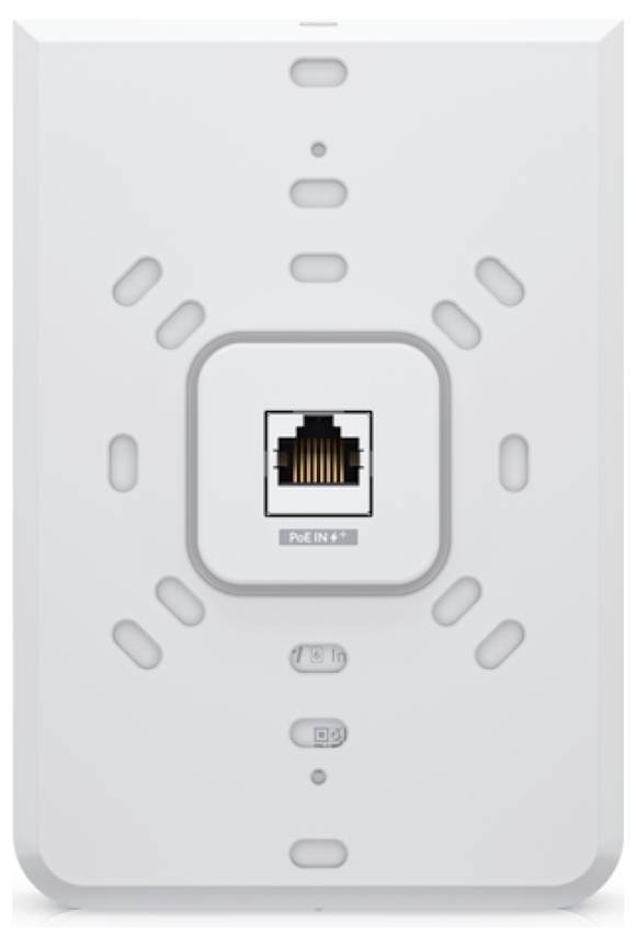 Une interface réseau blanche montée au mur avec un port Ethernet étiqueté « PoE IN » au centre, entourée de motifs de ventilation.