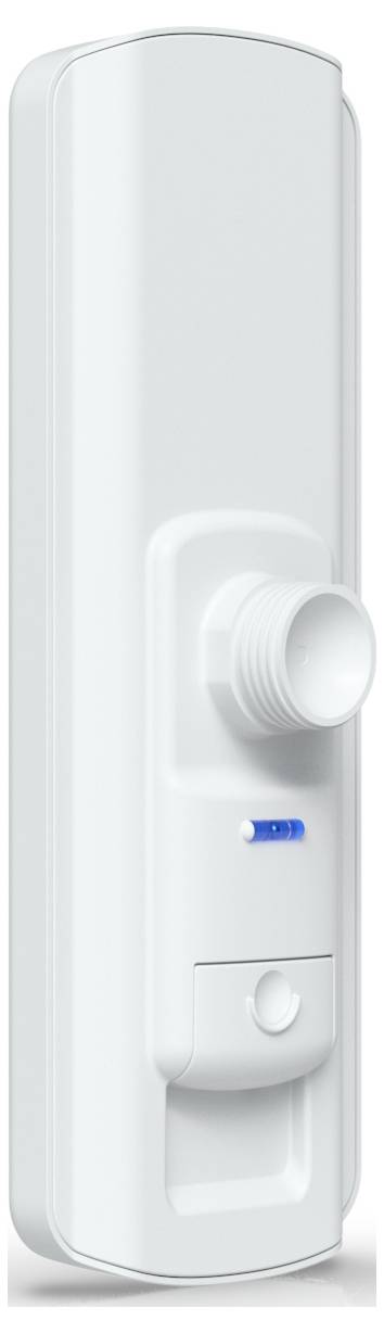 Un appareil électronique blanc avec une fixation cylindrique et un petit indicateur bleu sur le côté.