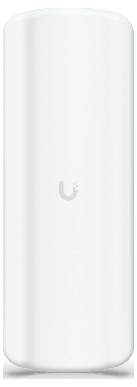 Un appareil de mise en réseau blanc et vertical de Ubiquiti avec un design épuré. Le logo de la marque est centré sur la face avant.
