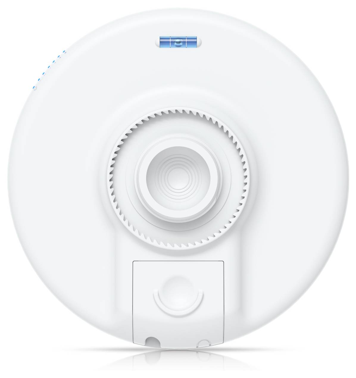 A white, circular smoke detector with a central sensor and test button, designed for ceiling installation, viewed from the bottom.
