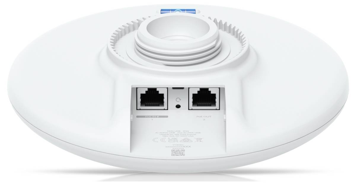 Point d'accès Wi-Fi blanc circulaire monté au plafond avec deux ports Ethernet, conçu pour la connectivité réseau dans les environnements professionnels.