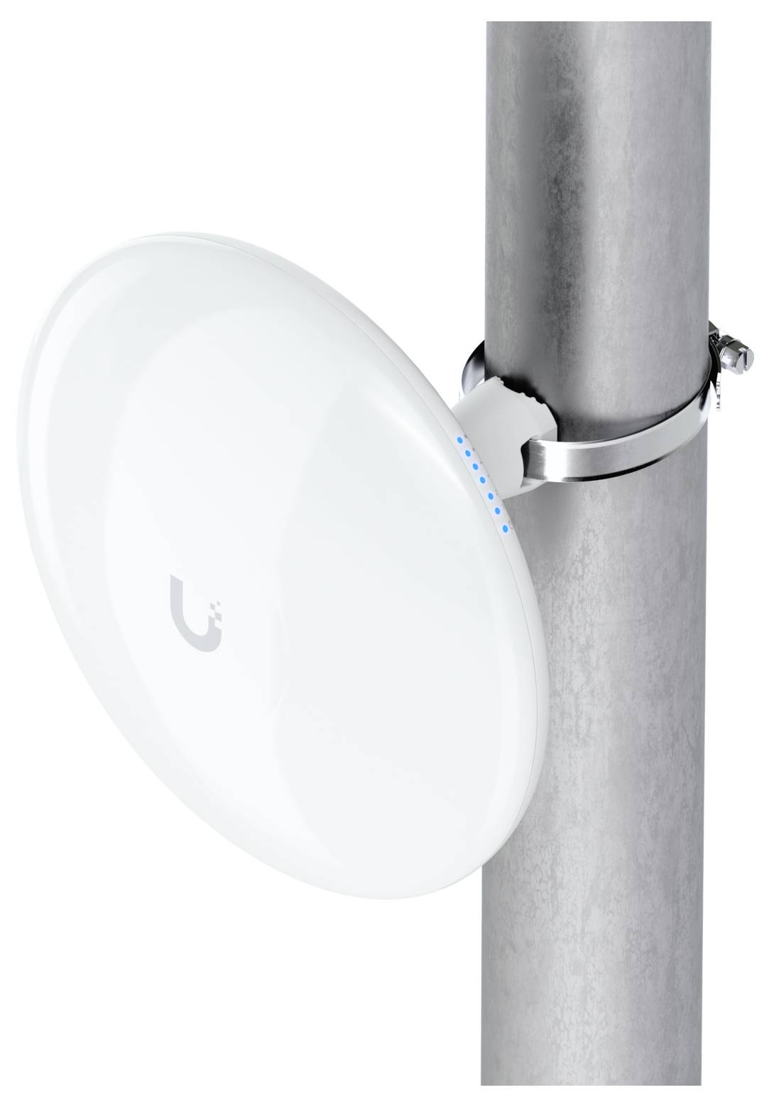 A white circular outdoor wireless antenna mounted on a metal pole with LED indicators.