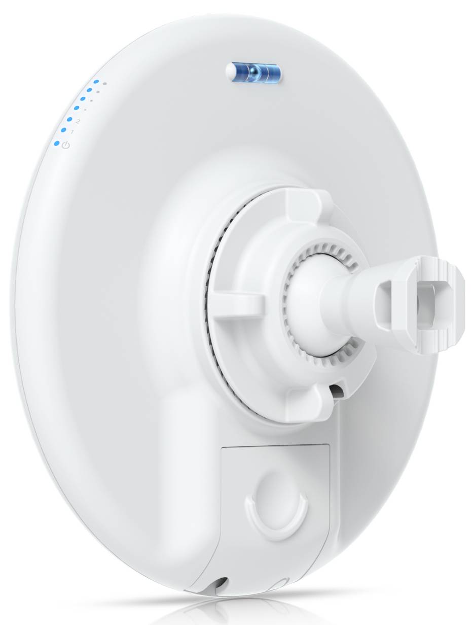 Un plat satellite circulaire blanc avec un support de montage central et une LED de statut bleue, indiquant la connectivité ou la force du signal.