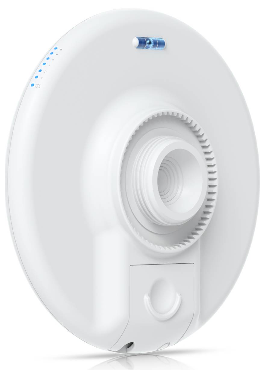 Un filtre à eau circulaire en plastique blanc avec une ouverture centrale, un petit indicateur bleu et des composants électroniques, vu sous un angle.