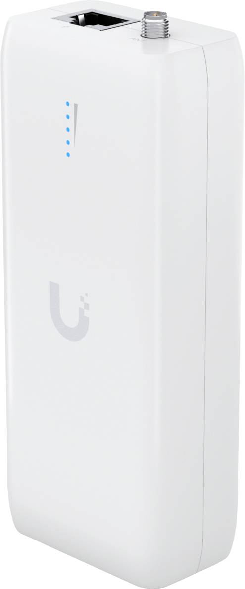 Un appareil électronique blanc avec des voyants LED bleus et un port sur le dessus, affichant un logo. Il semble s'agir d'un appareil de mise en réseau ou de communication.