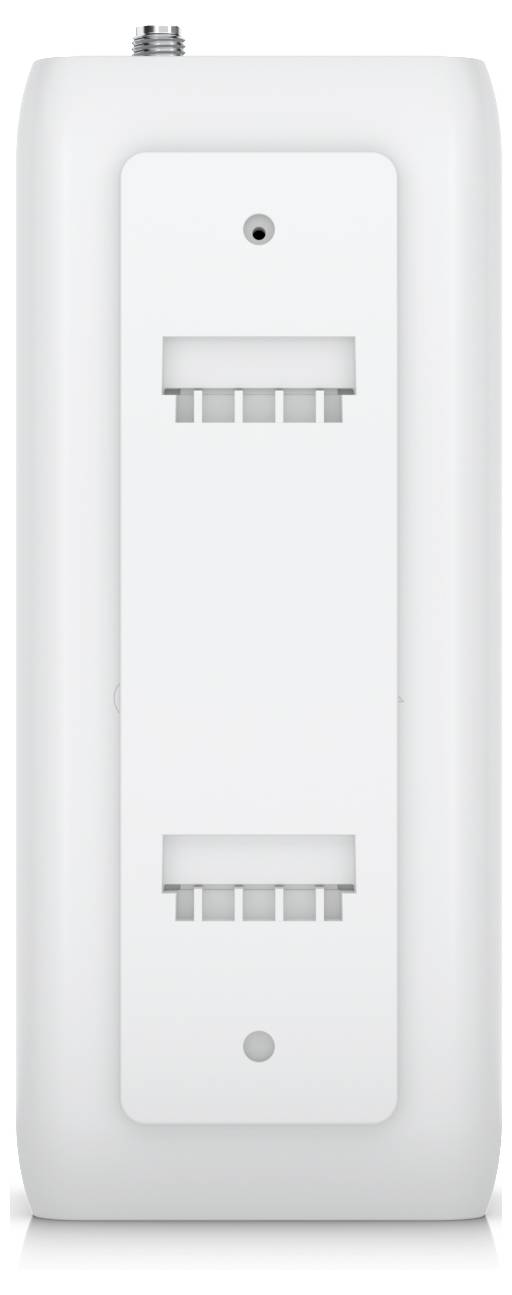 A white rectangular electronic device with two sets of visible ports in the center.