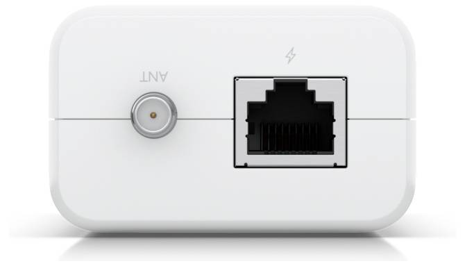 A white device with a coaxial port labeled 'ANT' on the left and an Ethernet port with a lightning bolt icon on the right.