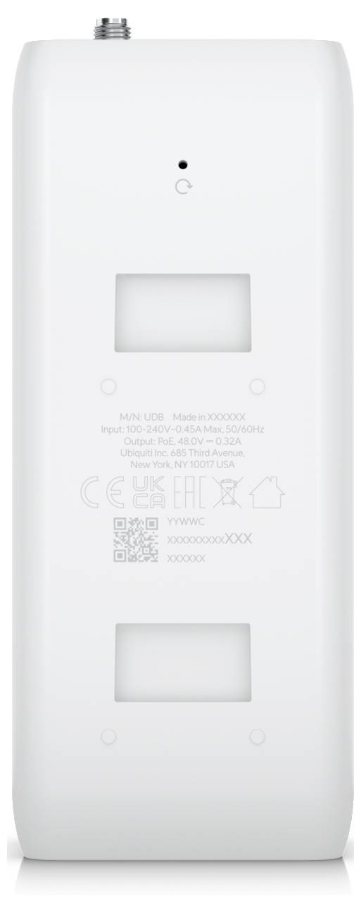 Back view of a white electronic device with a connector at the top and two rectangular cutouts. Text and symbols are printed below.