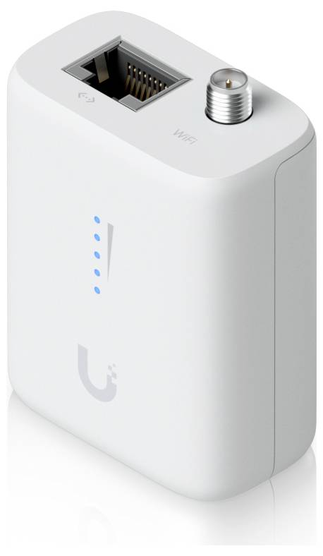A white network adapter with an Ethernet port and cable connector on top, featuring blue LED indicator lights and the Ubiquiti logo.