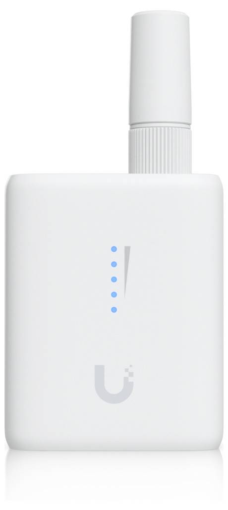 A white wireless device with an antenna, showing five blue LED indicators in a vertical line and a gray exclamation mark above them.