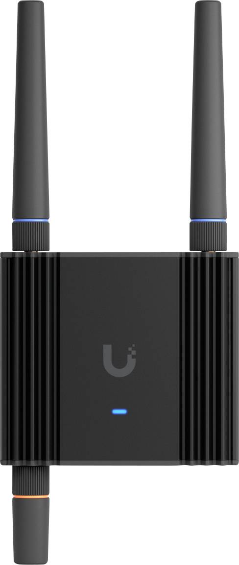 Un point d'accès sans fil noir avec des antennes doubles, un indicateur LED bleu et un design minimaliste.