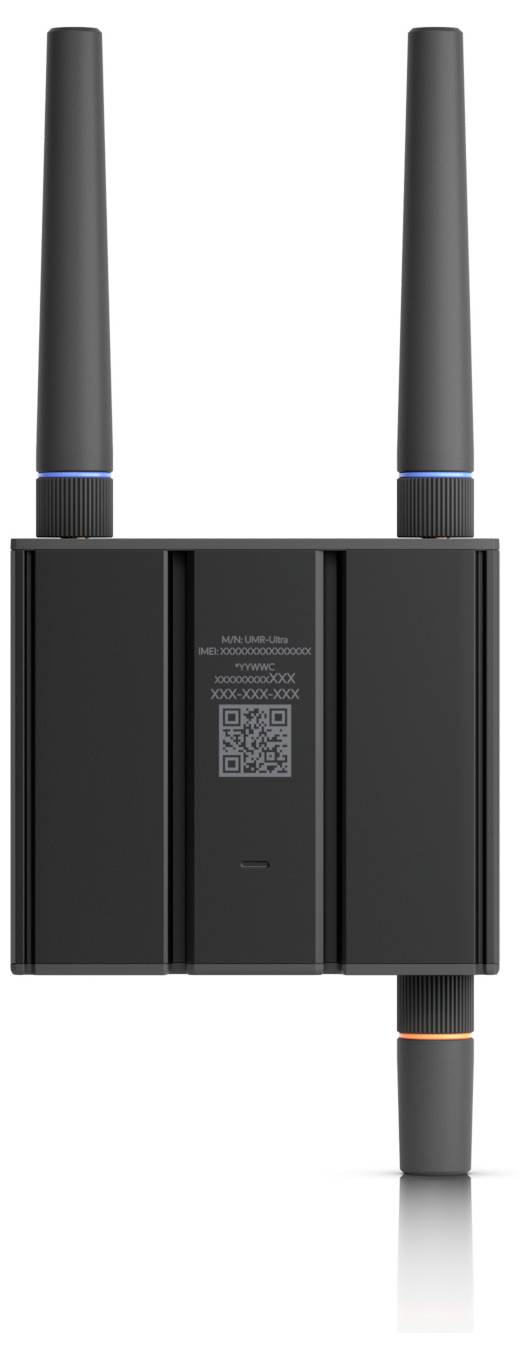 A black Wi-Fi router with three antennas, featuring a QR code and network details for easy setup and connectivity.