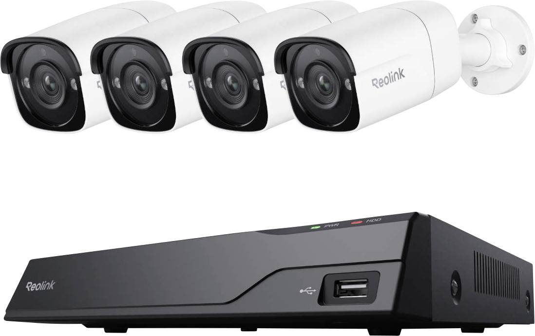 « Quatre caméras de sécurité et un appareil d'enregistrement Reolink avec port USB, utilisés pour la surveillance vidéo. »