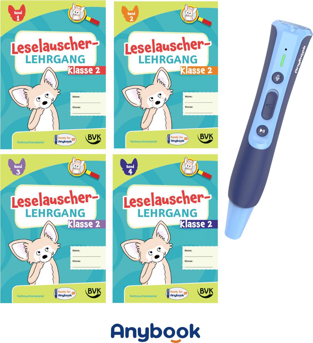« Cours Leselauscher classe 2 » avec un stylo audio sur la droite. Quatre livres sont affichés avec un stylo d'écoute bleu à côté d'eux.