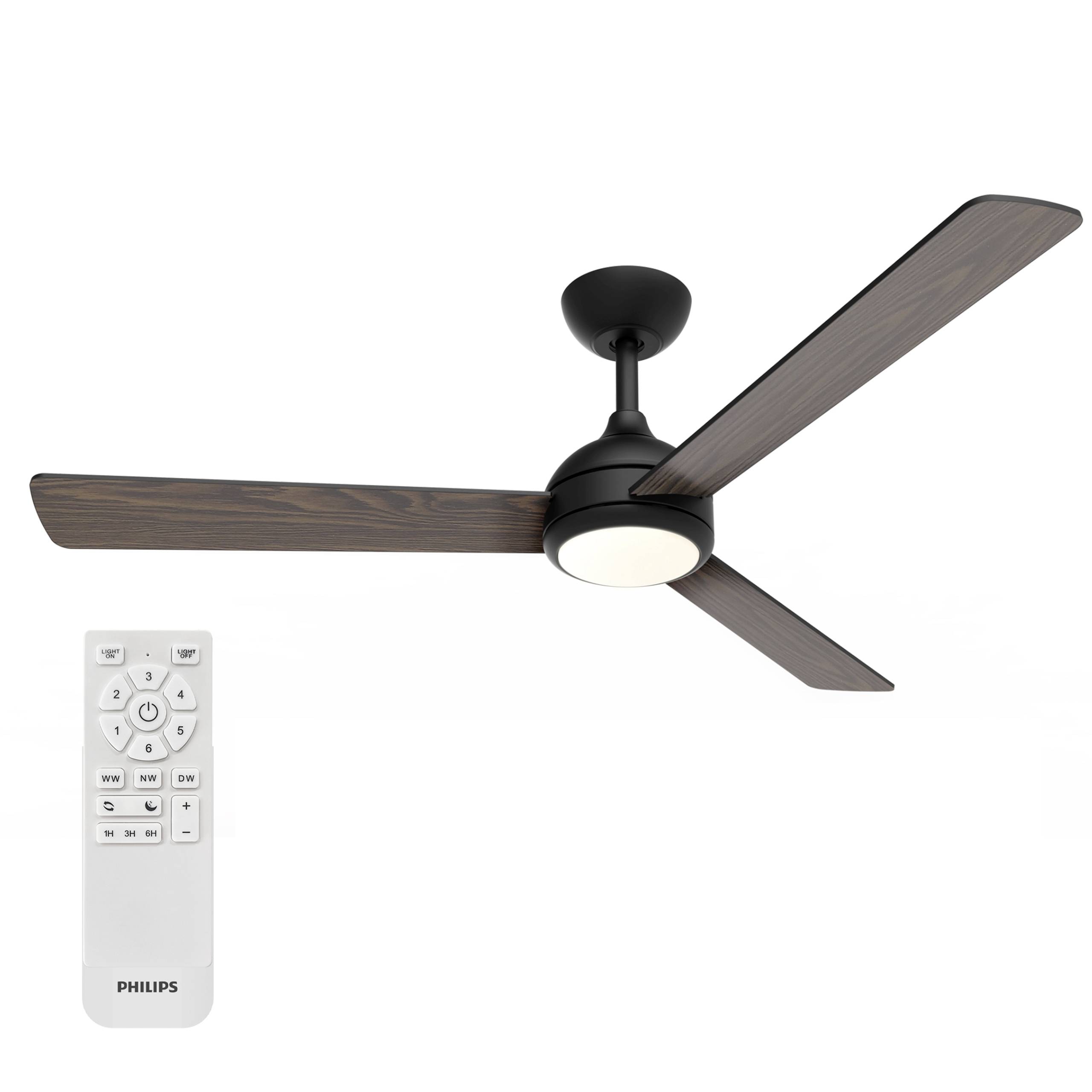 A ceiling fan with three wooden blades, featuring a central light fixture, and a white remote control with buttons labeled for operations.