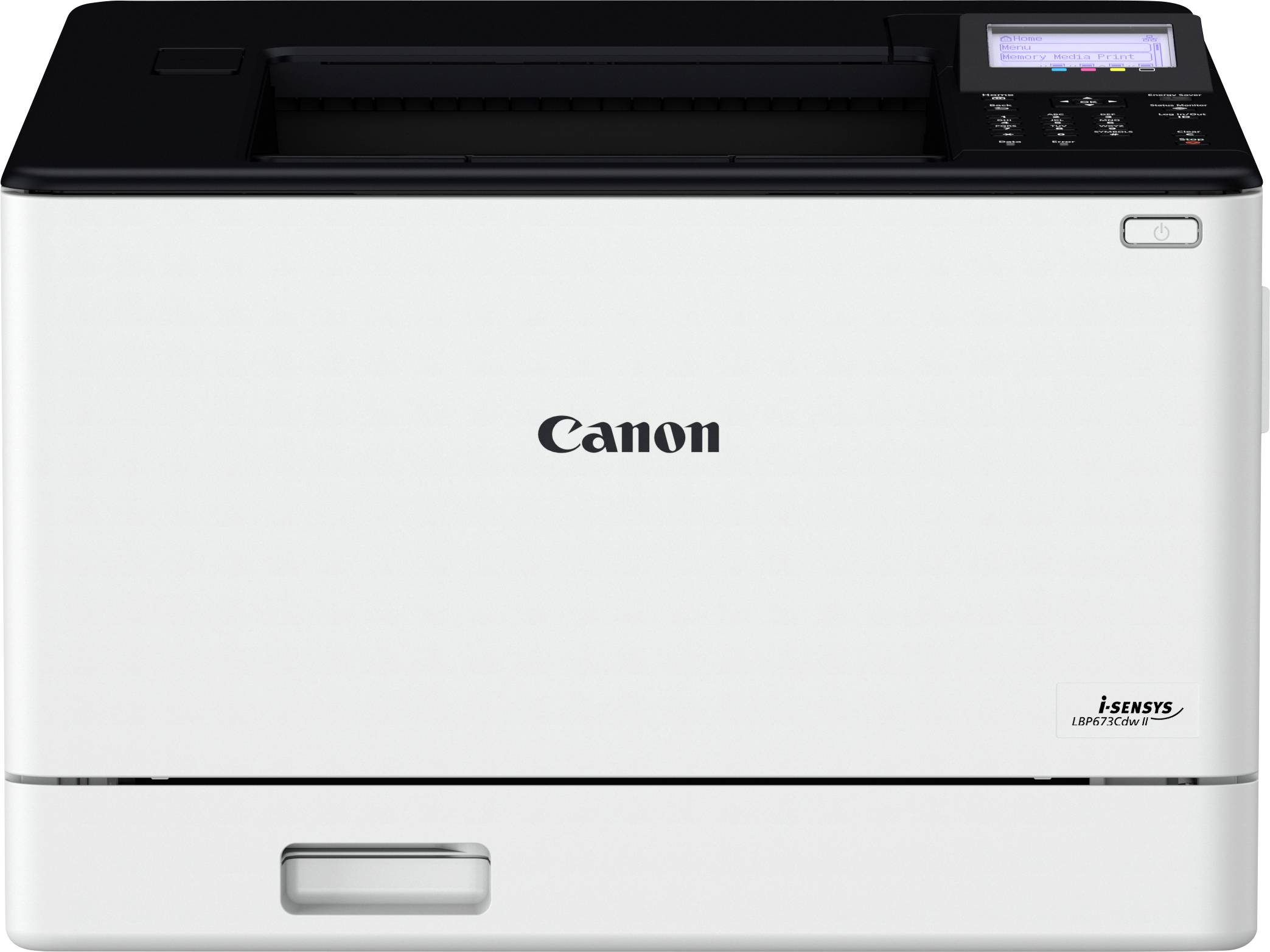 Vue de face d'une imprimante laser Canon i-Sensys, présentant un panneau de contrôle avec écran d'affichage en haut à droite.