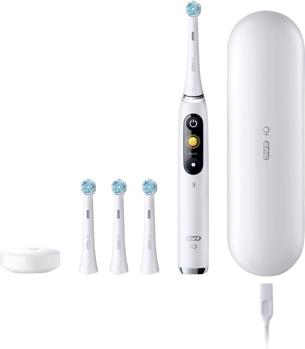 Brosse à dents électrique avec têtes remplaçables, un socle de charge et un étui de voyage de protection.