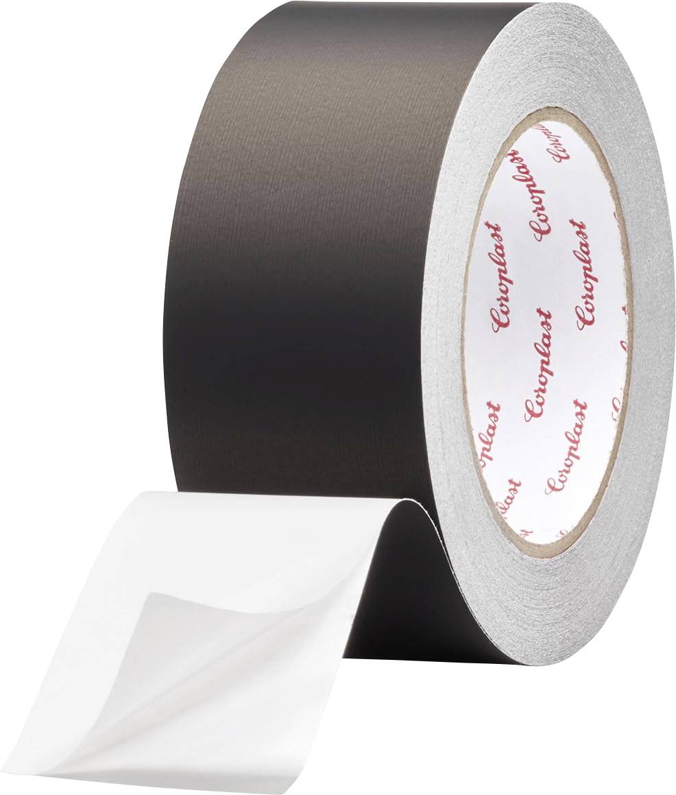 Rouleau noir de ruban adhésif avec une extrémité soulevée. Le côté intérieur affiche le nom de la marque en rouge, répété sur toute la surface blanche.